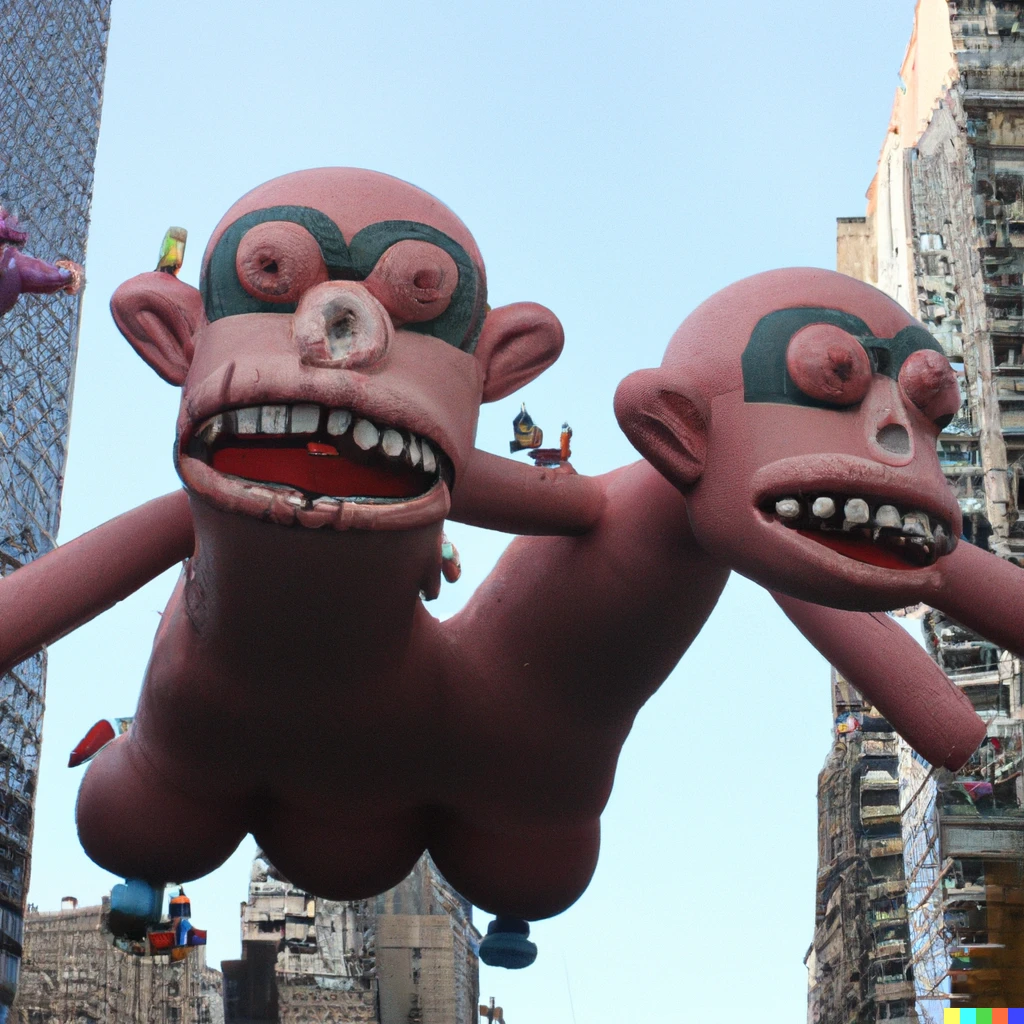 Prompt: a photo of a skyscraper-sized inflated  "two-headed demogorgon with tentacle arms and baboon heads" "two-headed balloon float" in the macy's thanksgiving parade