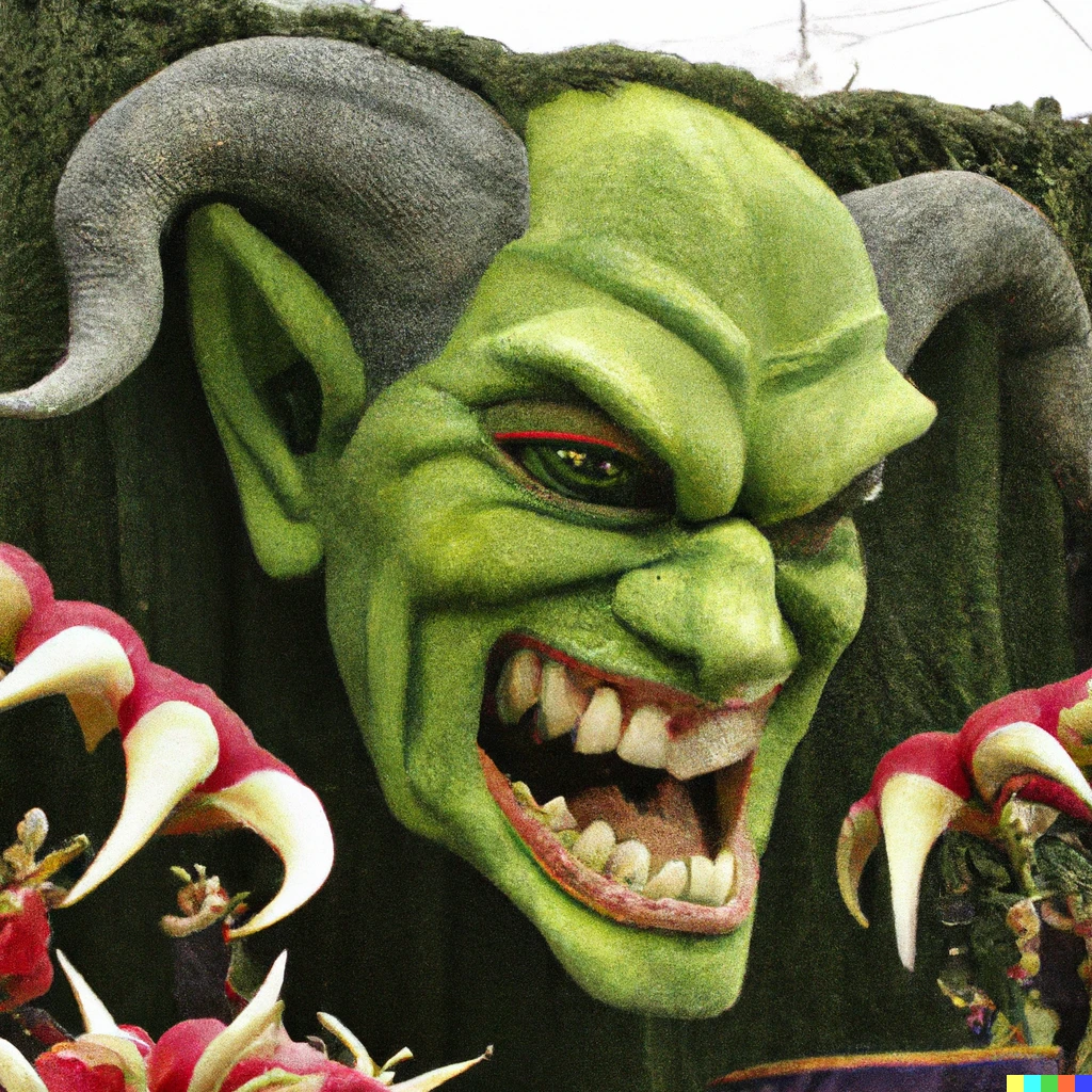 Prompt: a color photo of "tomb of horrors" "green devil face mouth" themed float during the rose parade