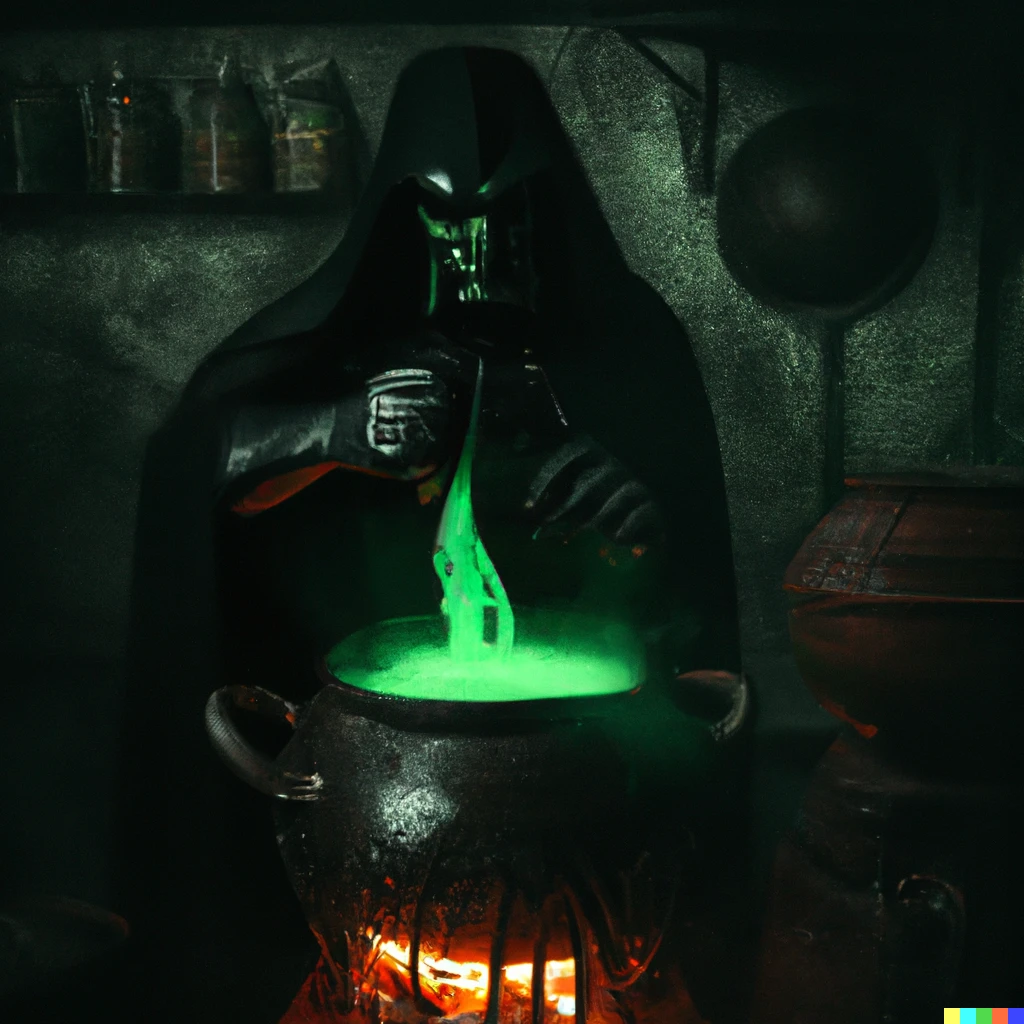 Prompt: photo of a darth vader, brewing a potion in a cauldron in the slytherin dungeon