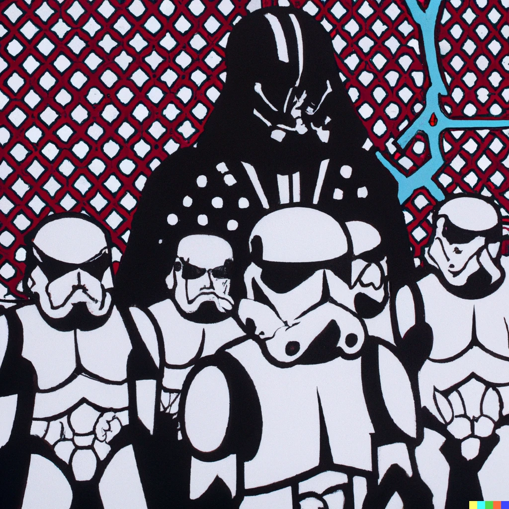 Prompt: painting by roy lichtenstein of darth vader and stormtroopers