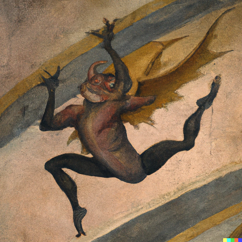Prompt: renaissance painting of a winged demonic imp climbing on the ceiling of a dungeon