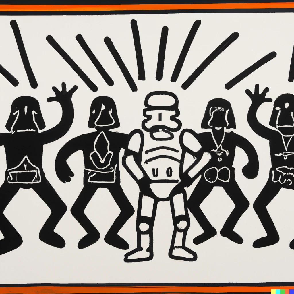 Prompt: painting by keith haring of darth vader and stormtroopers dancing