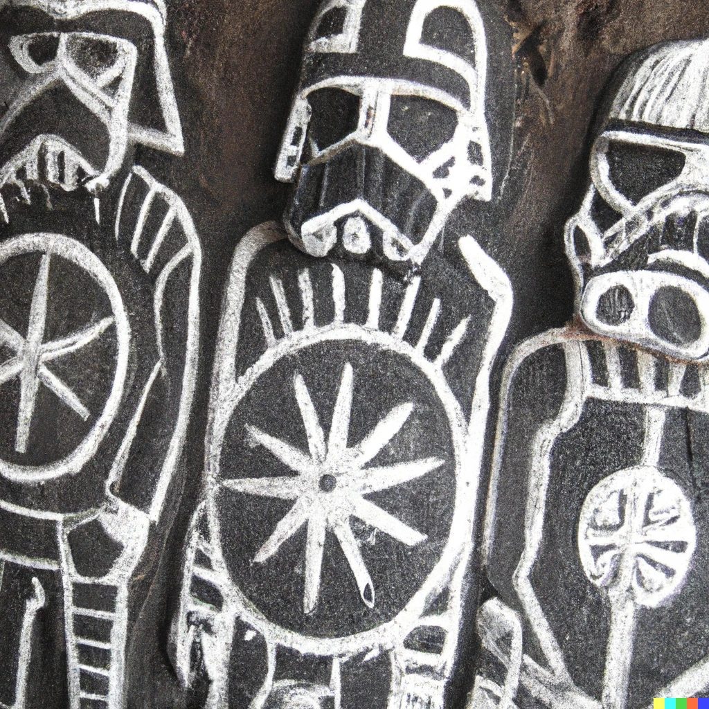 Prompt: hawaiian petroglyph carvings of darth vader flanked by stormtroopers