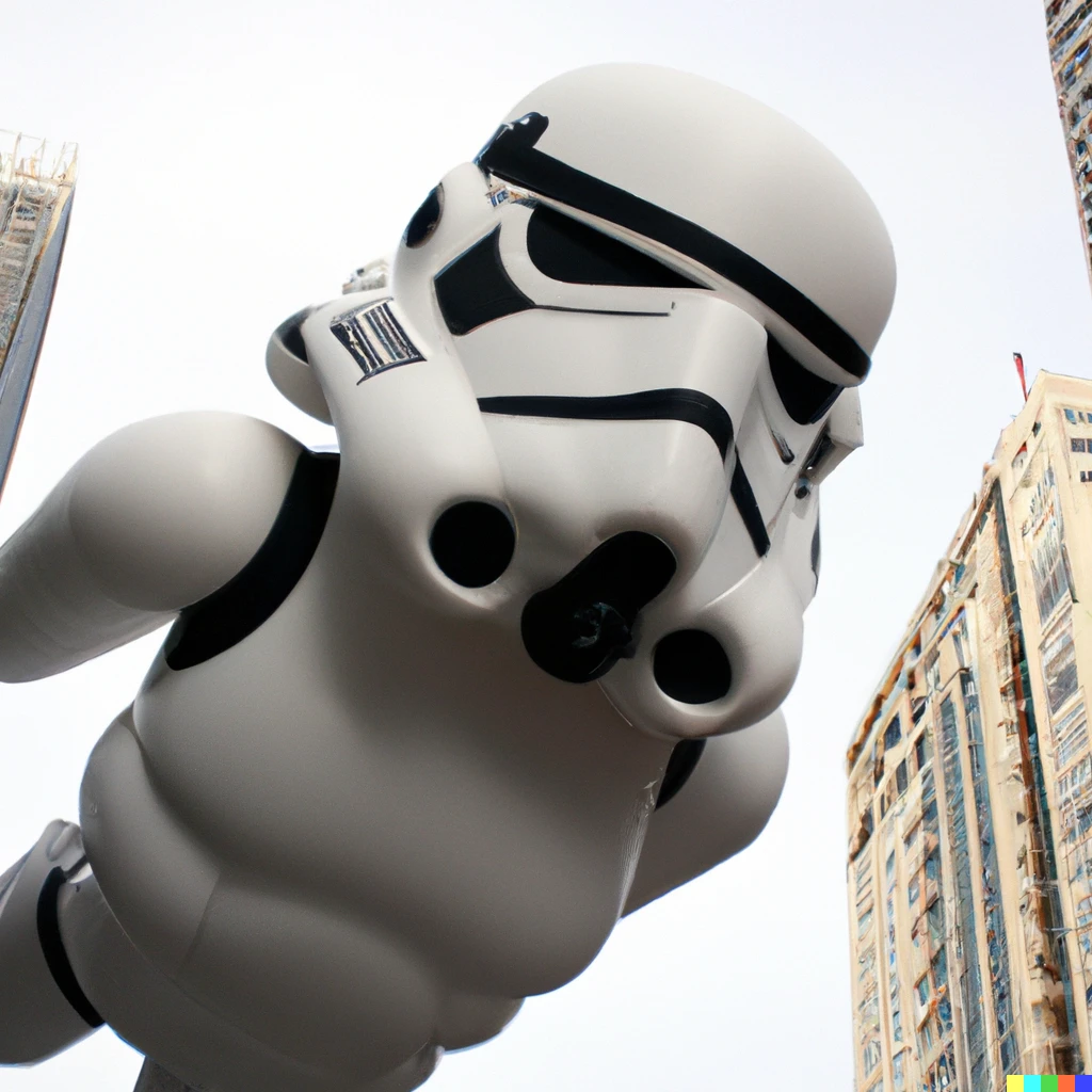 Prompt: a color photo of skyscraper-sized stormtrooper balloon float in the macy's thanksgiving day parade