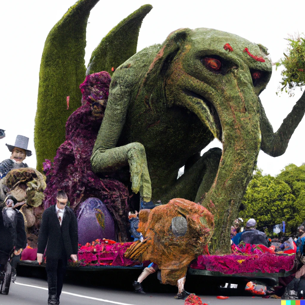 Prompt: a color photo of lovecraft themed float during the rose parade