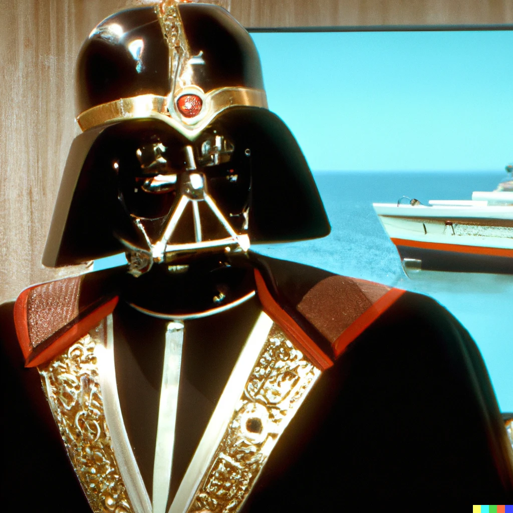 Prompt: photo of Darth Vader guest appearance on 1975 episode of “The Love Boat”