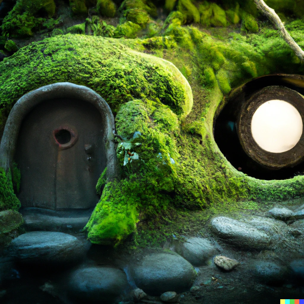 Prompt: photo of a japanese Hobbit dojo with a round door built into a mossy hillside in Japan with kodama forest spirits gathering outside