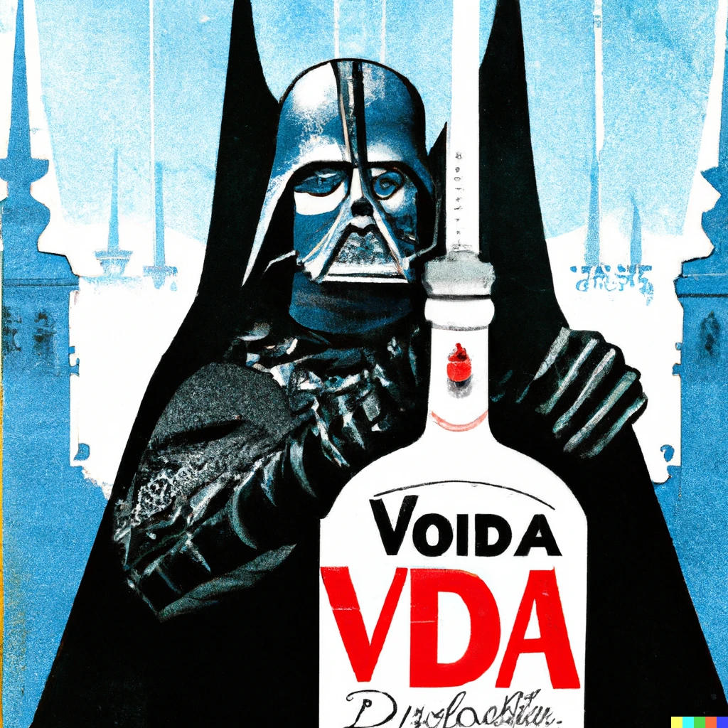Prompt: illustrated advertisement by Schreckengost with darth vader for “vader vodka”