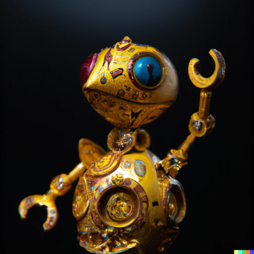 Prompt: photo of a round-headed, golden c3po alebrije against a dark backdrop