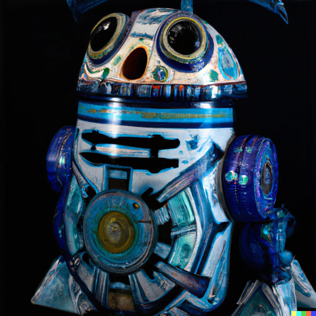 Prompt: photo of a blue and white r2d2 alebrije against a dark backdrop