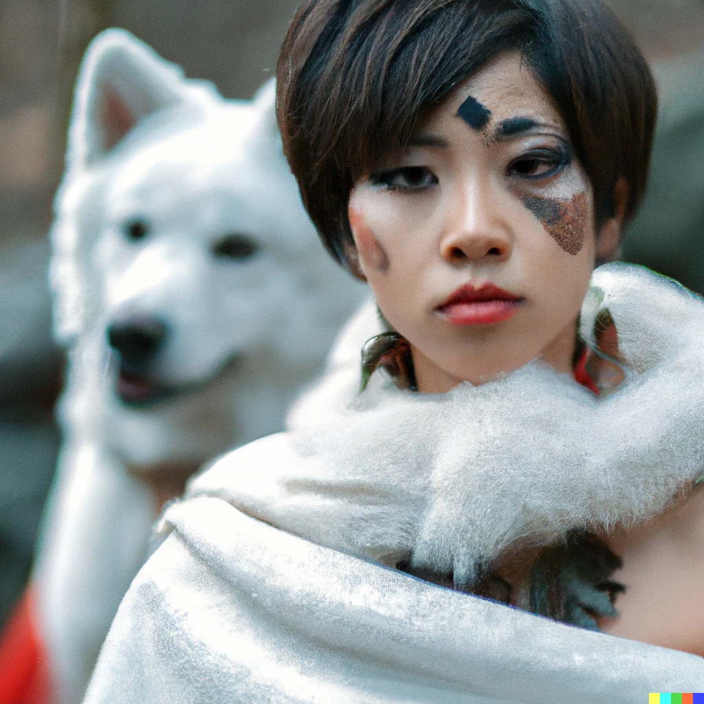Prompt: head and shoulders portrait photo of half-Japanese half-Caucasian Princess Mononoke, with medium-length brown hair, a headband, red triangle face paint, a determined expression, a white fur cape, large white earrings, and a necklace of large claws, in the woods with a gigantic white wolf out of focus in the background