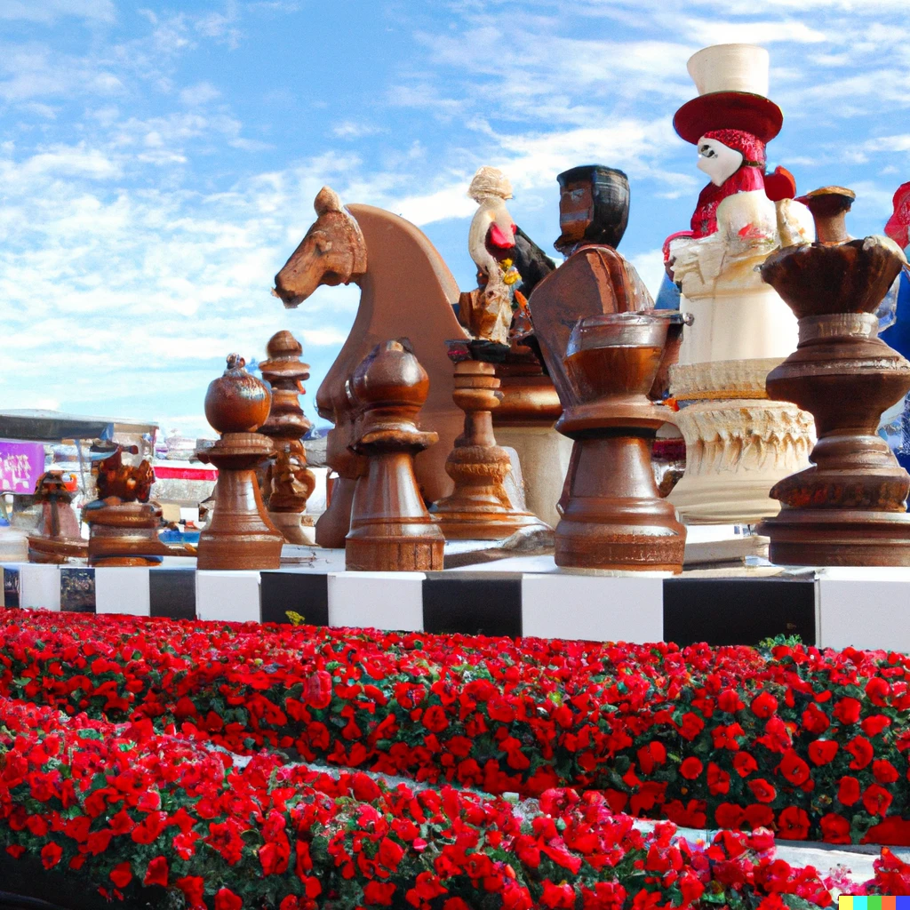 Prompt: a chess themed float in the rose parade, with chess piece sculptures the size of buildings