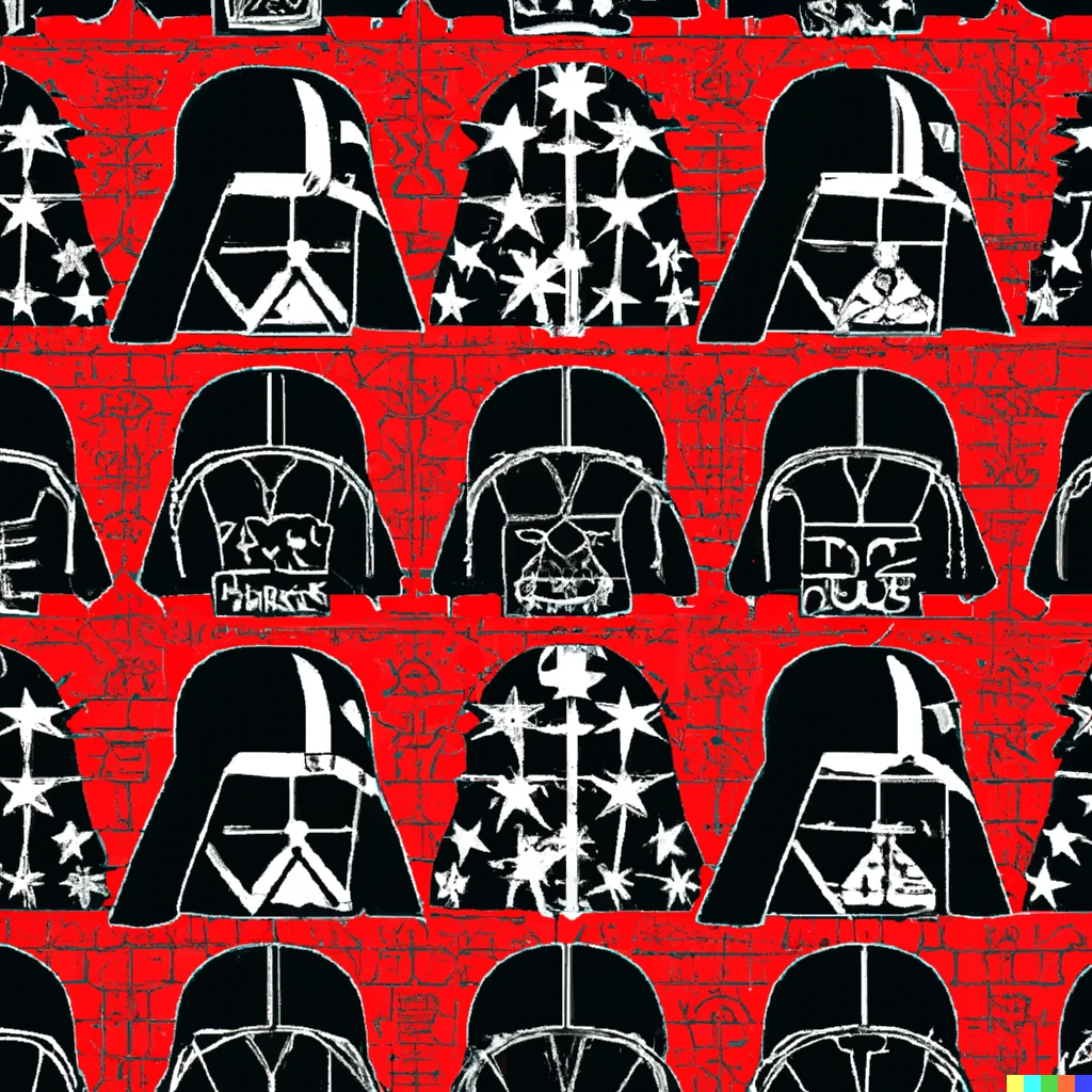 Prompt: hawaiian fabric pattern by andy warhol with the theme of darth vader