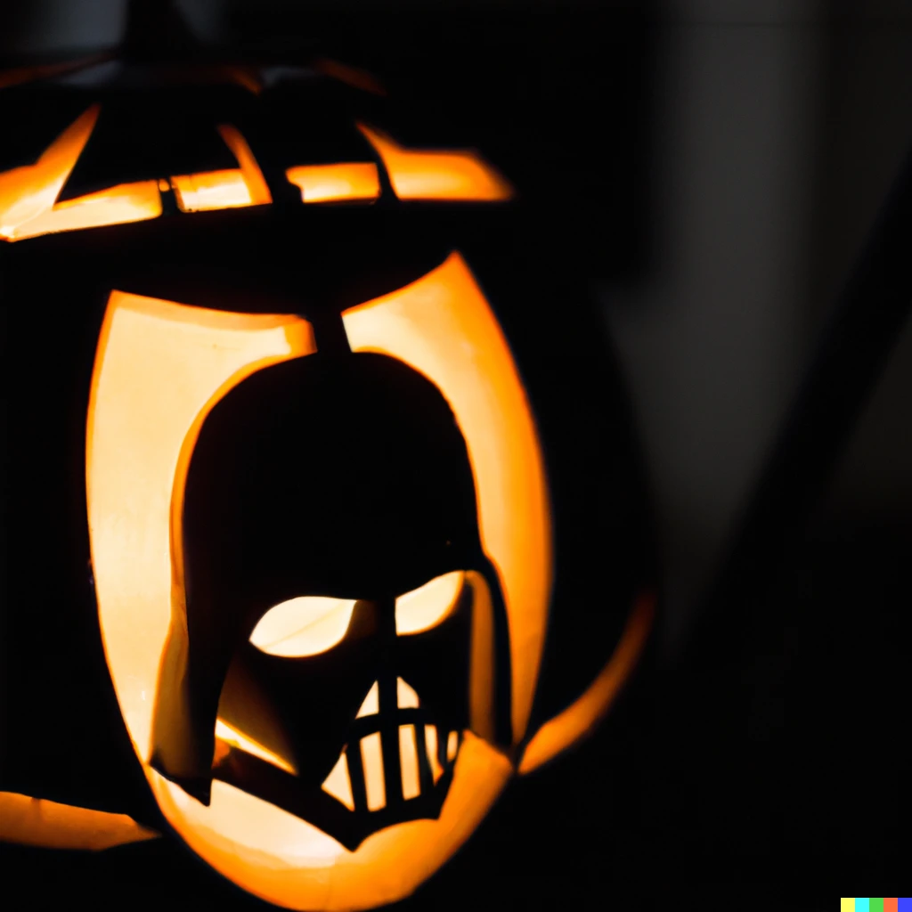 Prompt: photo on halloween of a darth vader carved pumpkin