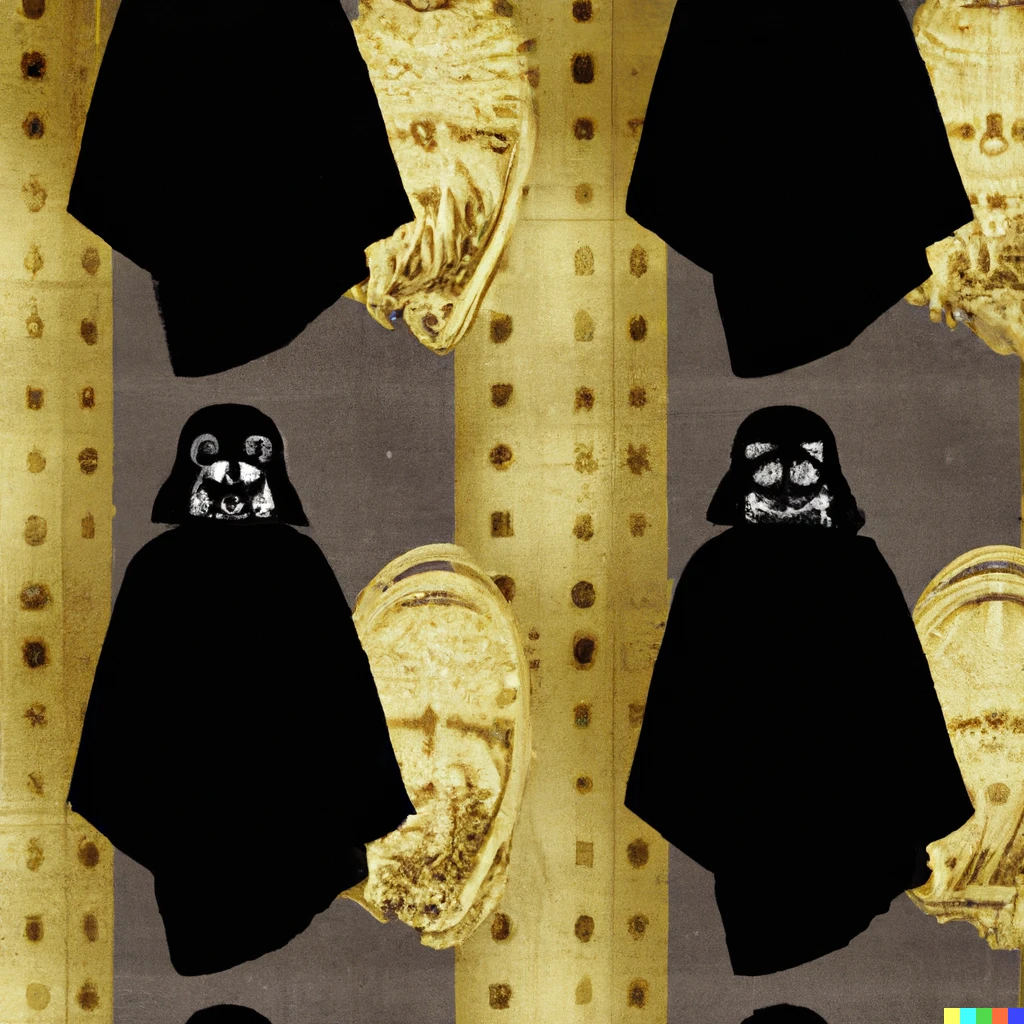 Prompt: fabric pattern by klimt with the theme of darth vader