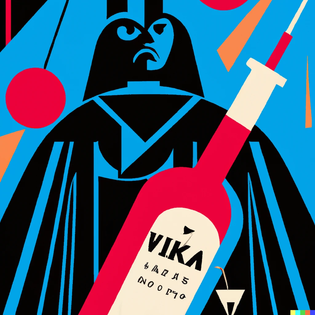 Prompt: illustrated advertisement by kandinsky with darth vader for “vader vodka”
