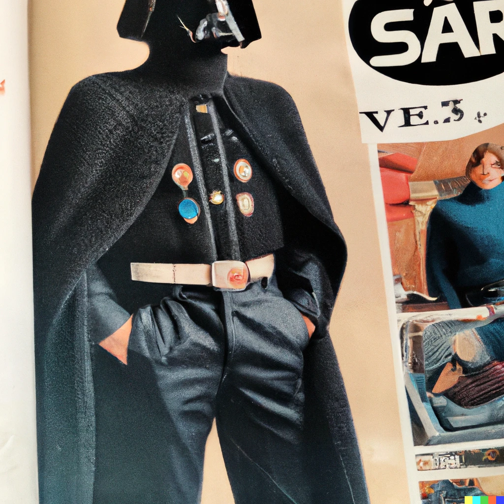 Prompt: photo of a 1978 Sears catalog with Darth Vader men’s fashion