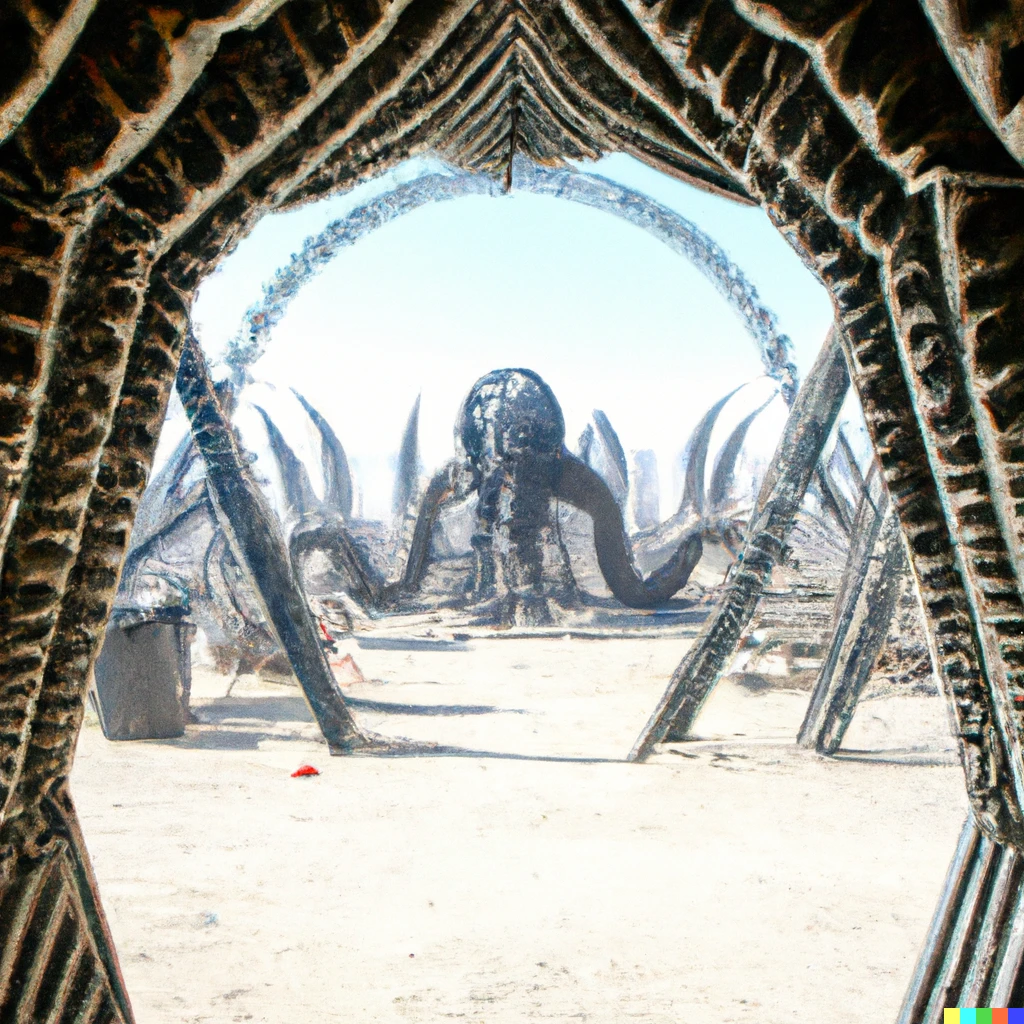 Prompt: a color photo of h.r. giger alien themed camp at burning man