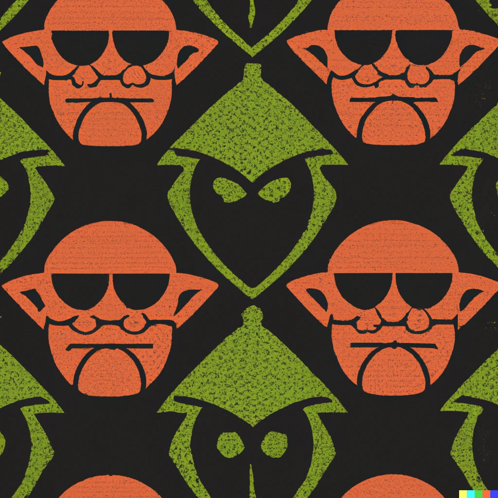 Prompt:  fabric pattern with the theme of tiki darth vader and tiki yoda