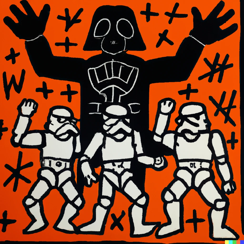 Prompt: painting by keith haring of darth vader and stormtroopers dancing
