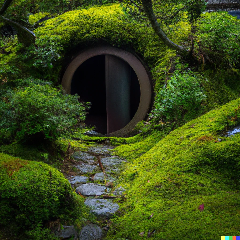 Prompt: photo of a japanese Hobbit dojo with a round door built into a mossy hillside in Japan