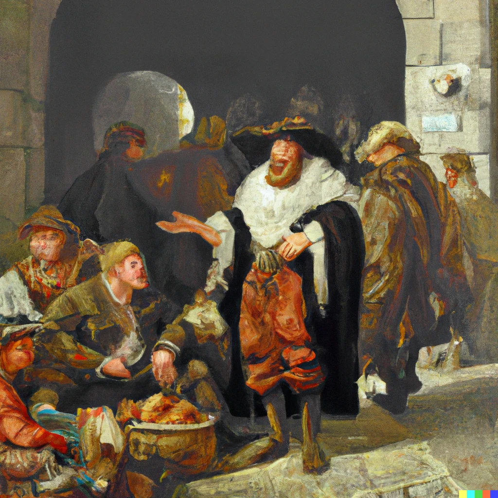 Prompt: renaissance oil painting of kings court peddler