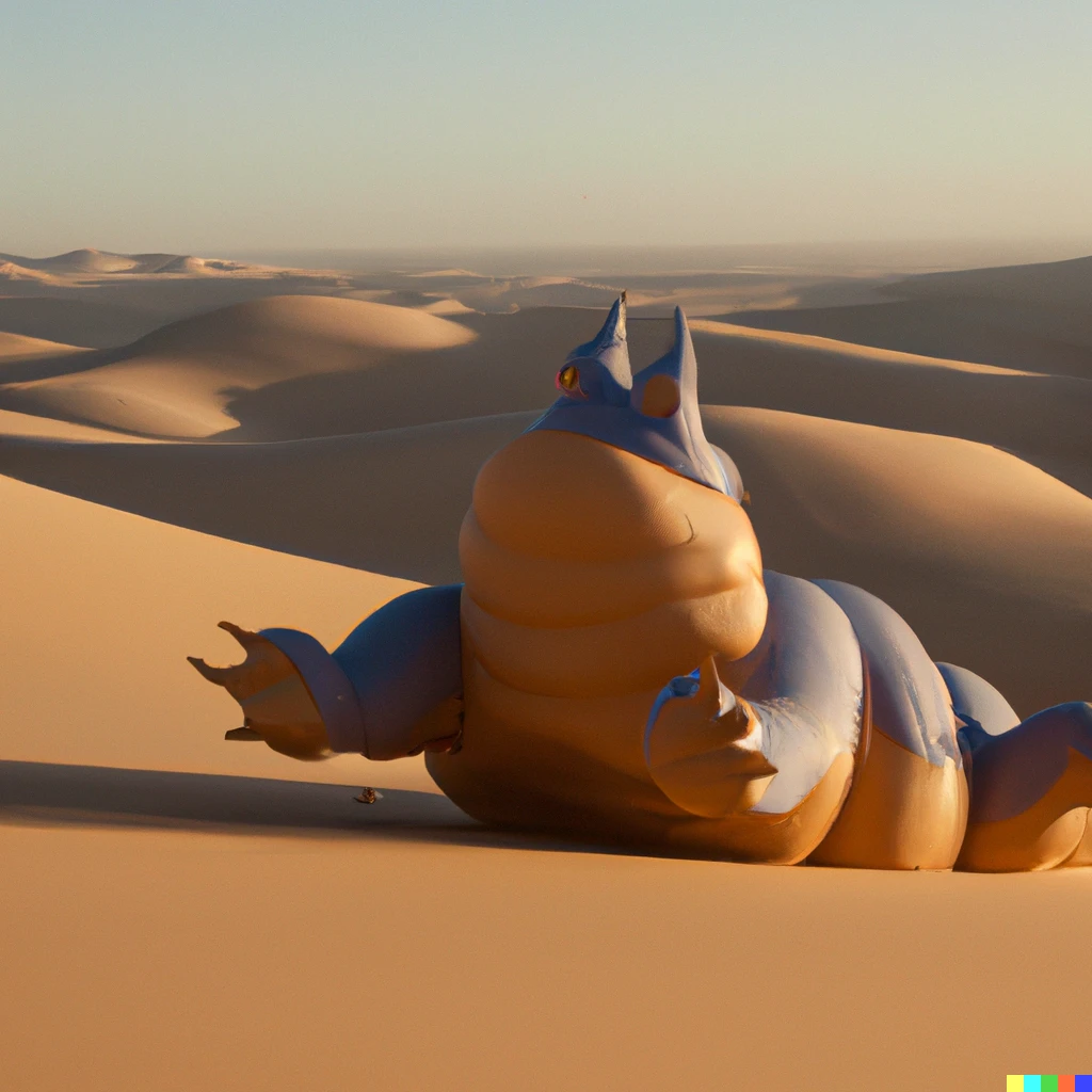 Prompt: photo of a jabba the hutt worm alebrije with arms but without legs rising up on a barren sand dune in the Saraha
