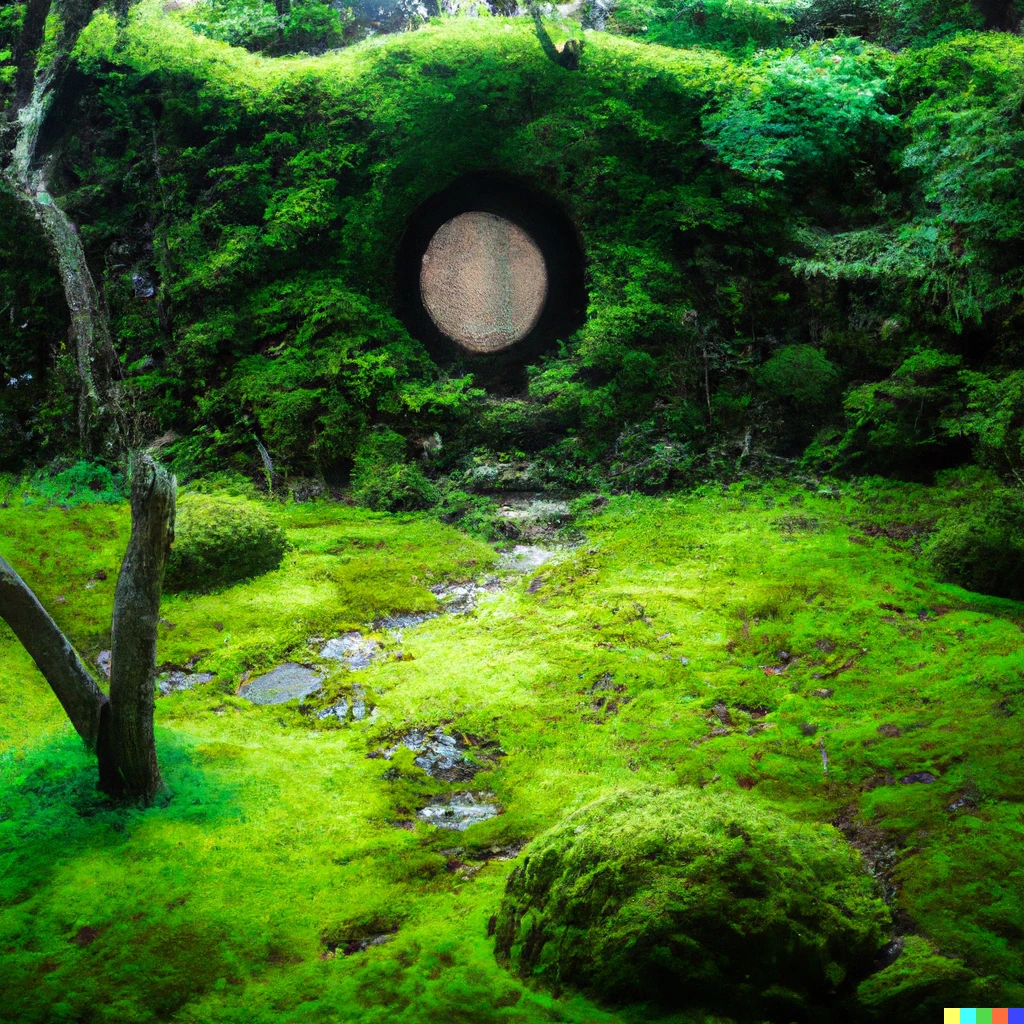 Prompt: photo of a japanese Hobbit dojo with a round door built into a mossy hillside in Japan