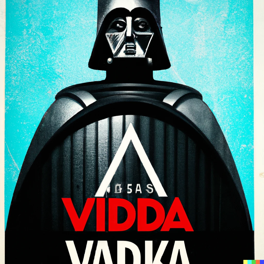 Prompt: illustrated dadaist advertisement with darth vader for “vader vodka”