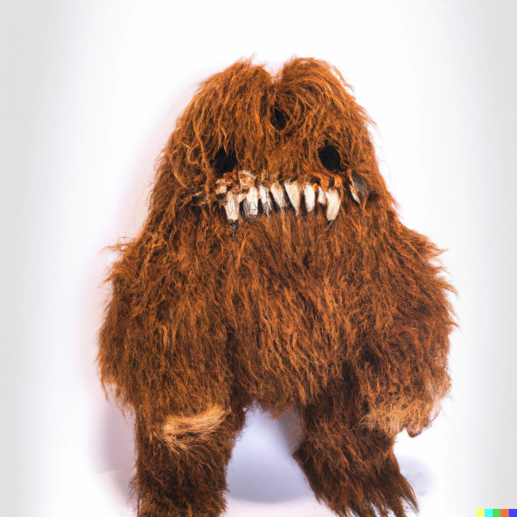 Prompt: photo of a brown furry chewbacca alebrije on a white background