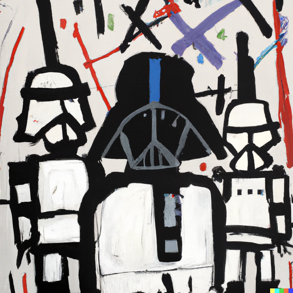 Prompt: painting by basquiat of darth vader and stormtroopers