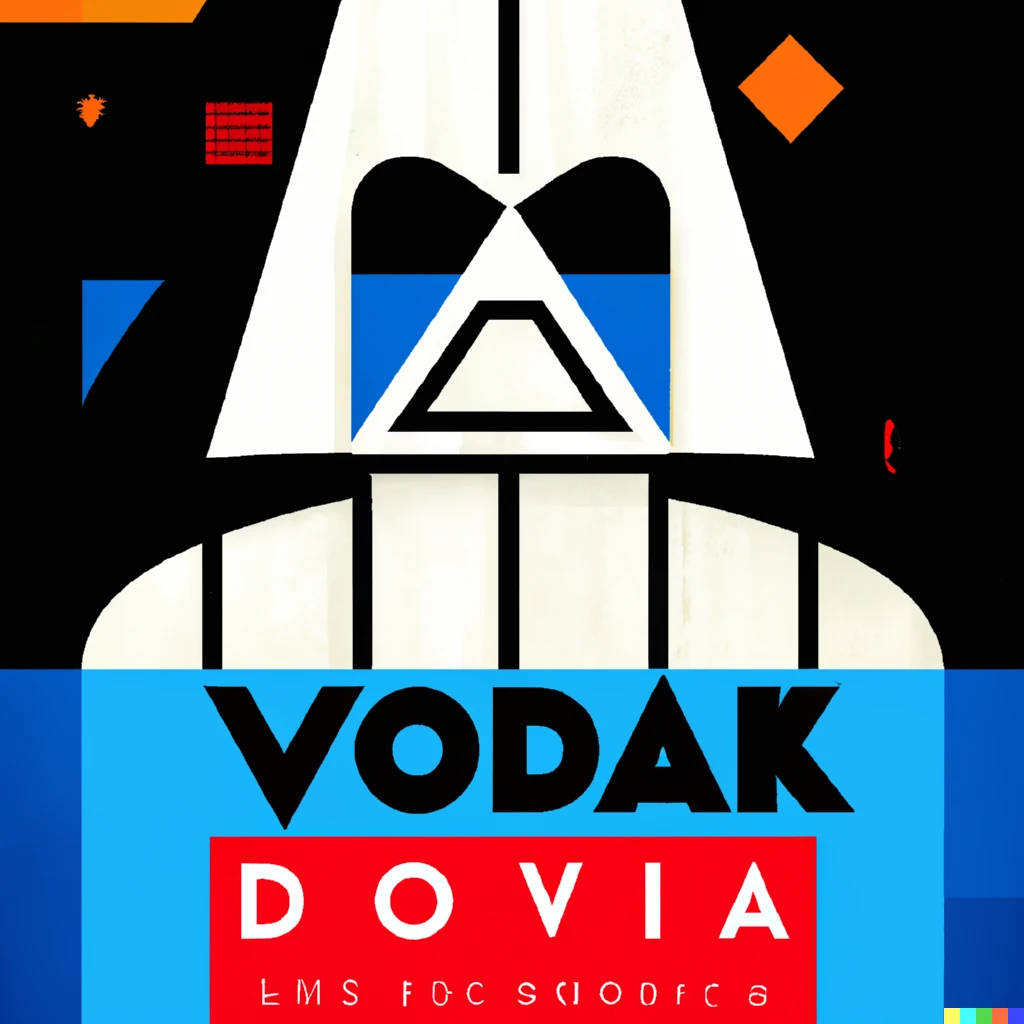 Prompt: illustrated de stijl advertisement with darth vader for “vader vodka”