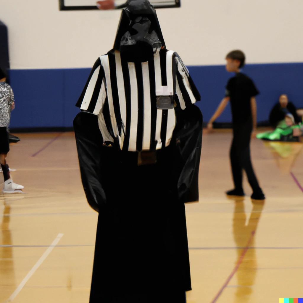 Prompt: photo of darth vader refereeing a kids’ basketball game, facing the camera