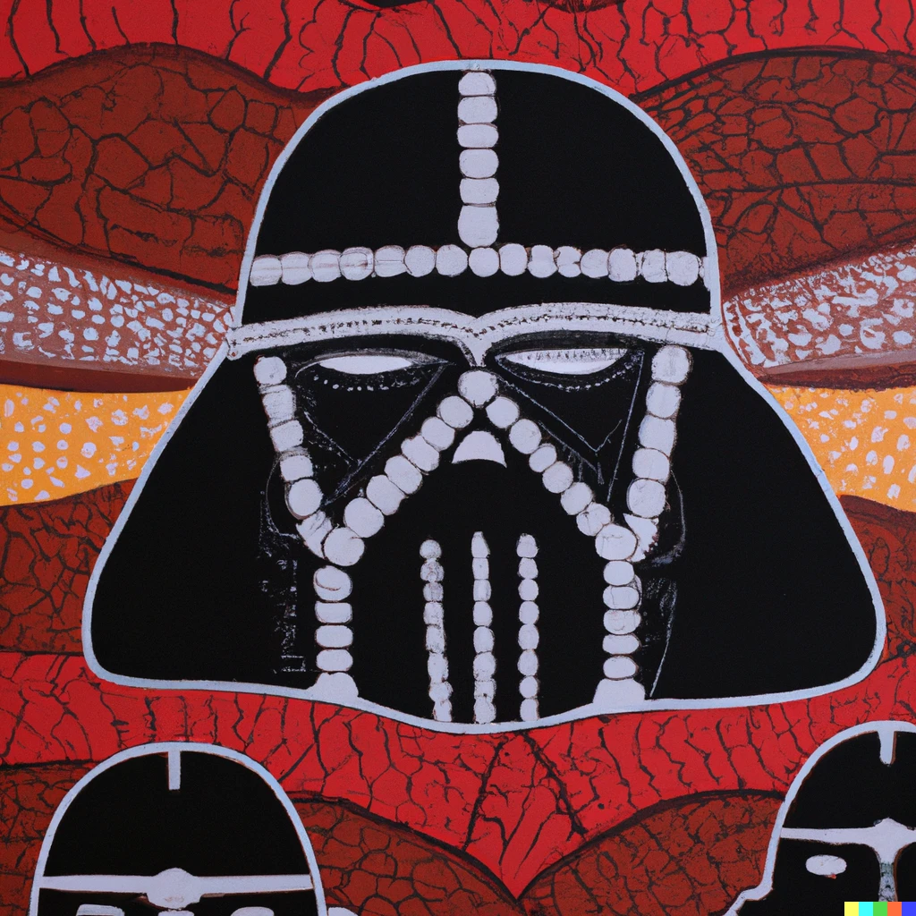 Prompt: australian aboriginal painting of darth vader flanked by stormtroopers