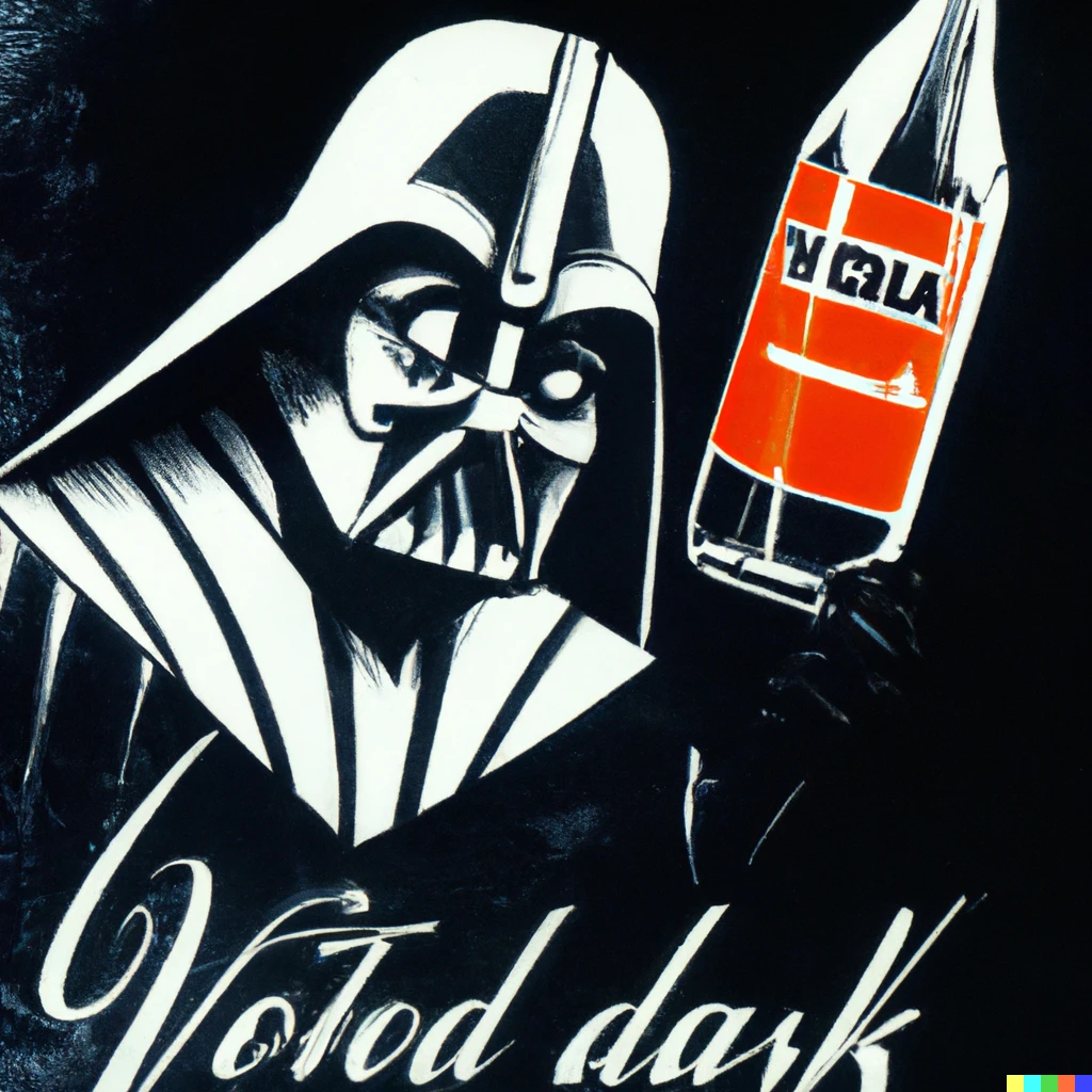 Prompt: illustrated advertisement by albers with darth vader for “vader vodka”