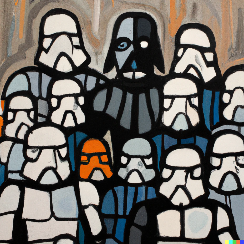 Prompt: painting by picasso of darth vader and stormtroopers