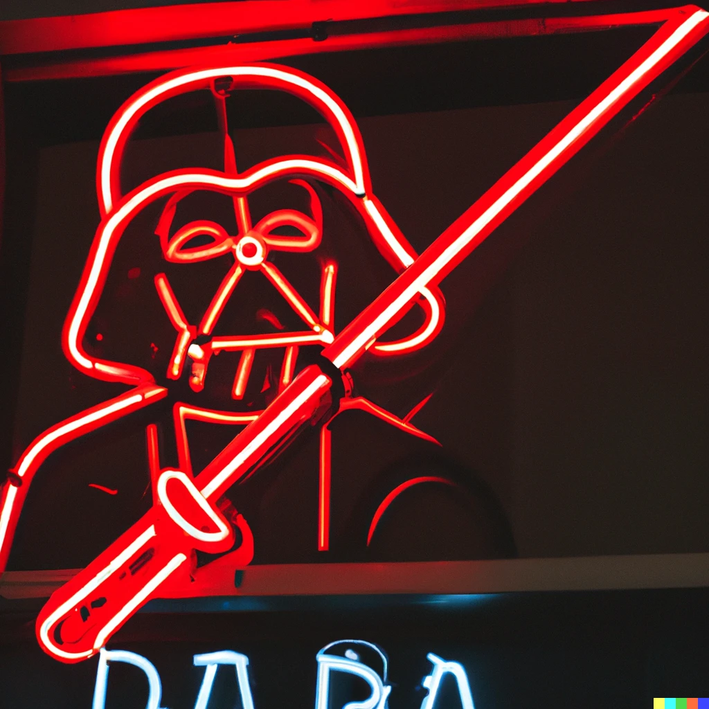 Prompt: photo in a bar of a neon sign of darth vader with his red lightsaber