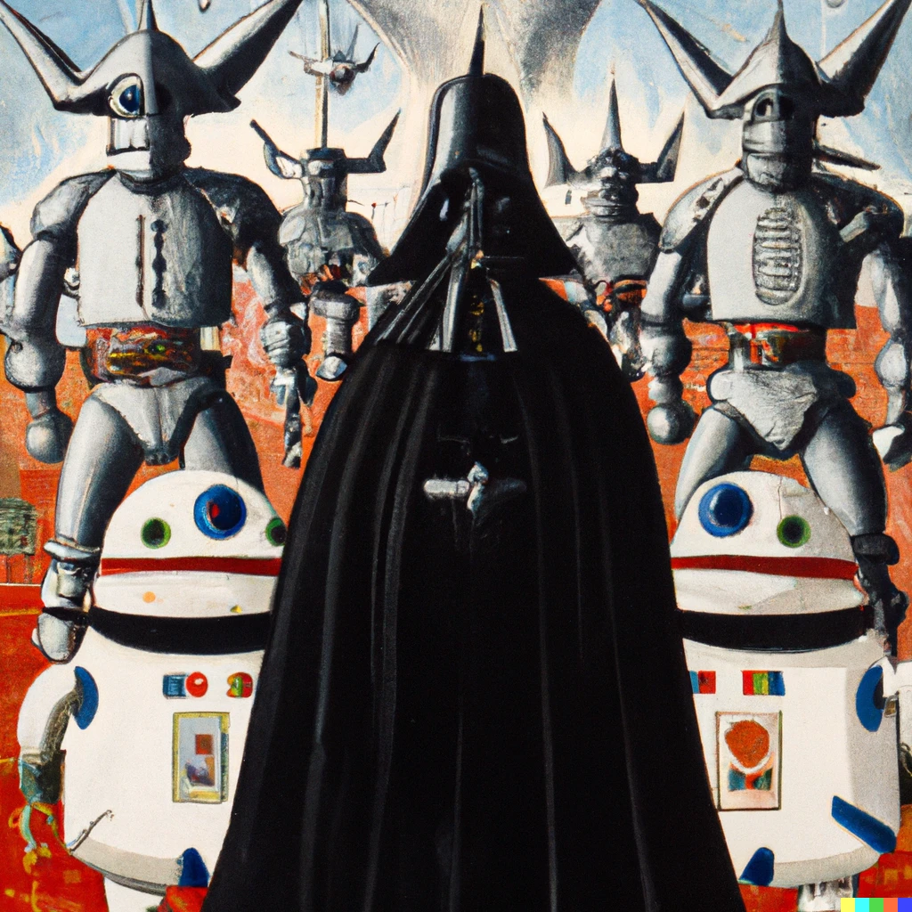 Prompt: hieronymous bosch painting of darth vader flanked by stormtroopers