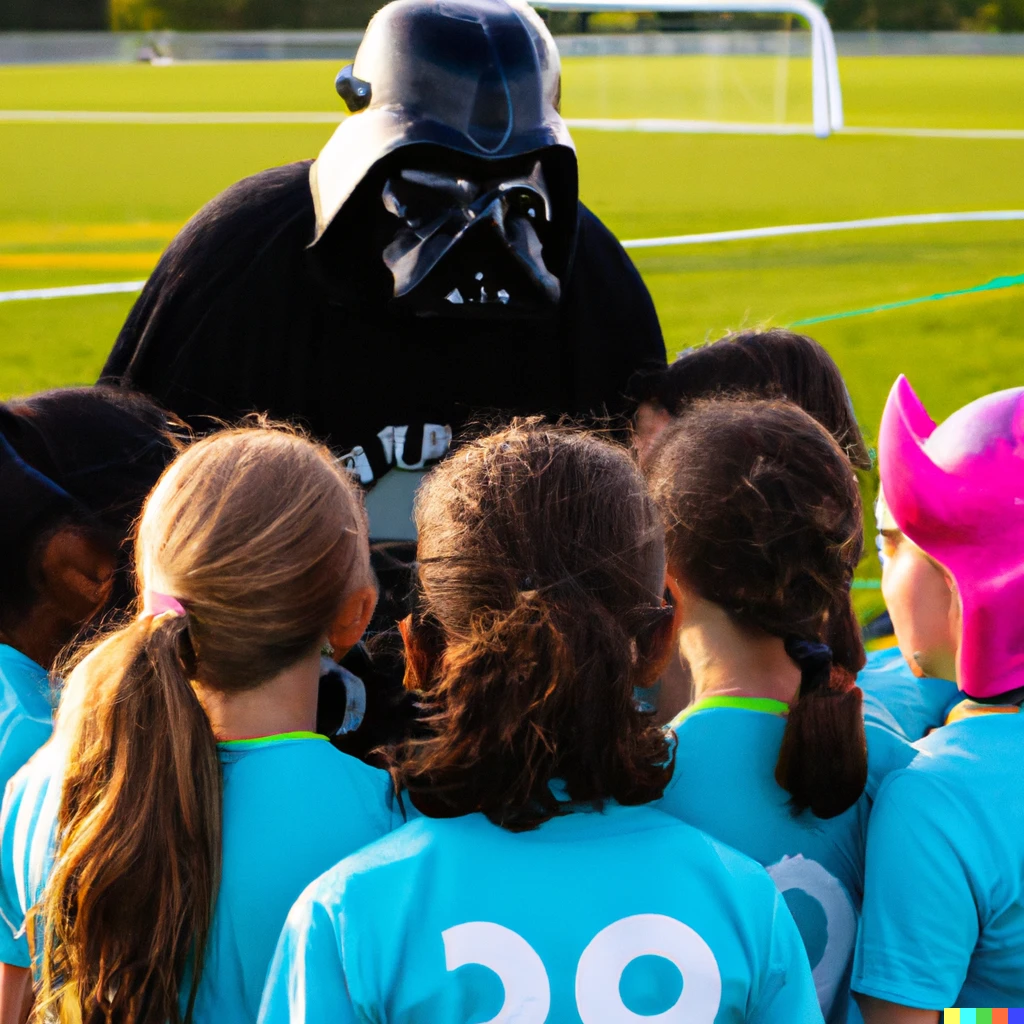 Prompt: photo of darth vader as a girls’ soccer coach in a huddle with his team