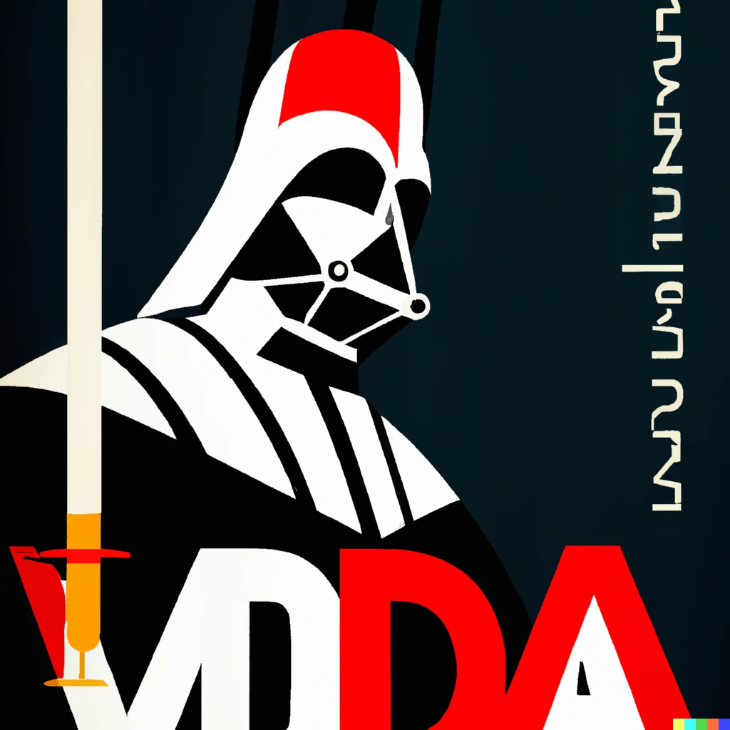 Prompt: illustrated bauhaus advertisement with darth vader for “vader vodka”