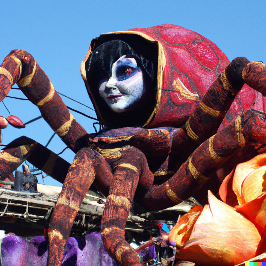 Prompt: a color photo of llolth spider queen themed float during the rose parade