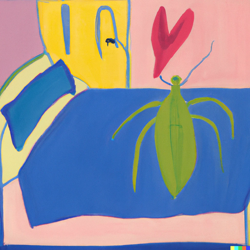 Prompt: matisse painting of “a human-sized  insect waking up in a person’s bed”
