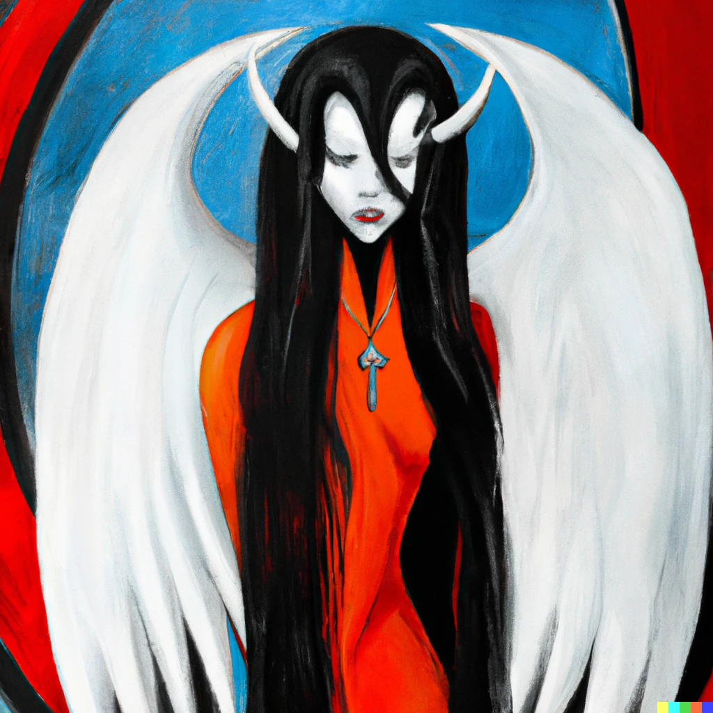 Prompt: bauhaus painting of a red-skinned female tiefling with long black hair and white angel wings