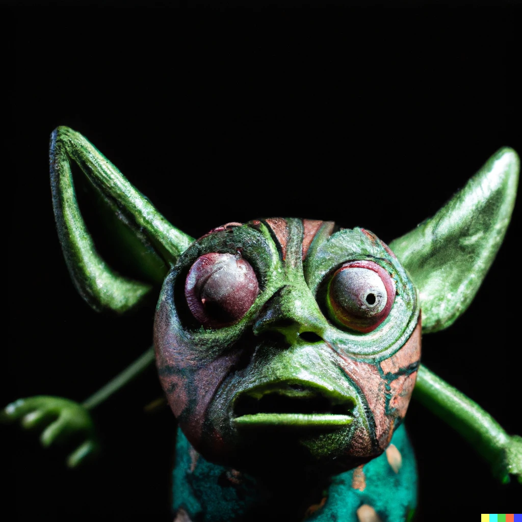 Prompt: photo of a large-eyed, wrinkled green yoda alebrije against a dark backdrop