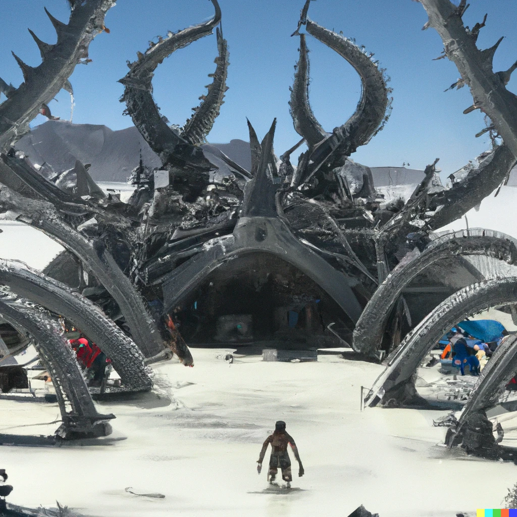 Prompt: an hr giger themed camp at burning man, with water slides and swimming pools