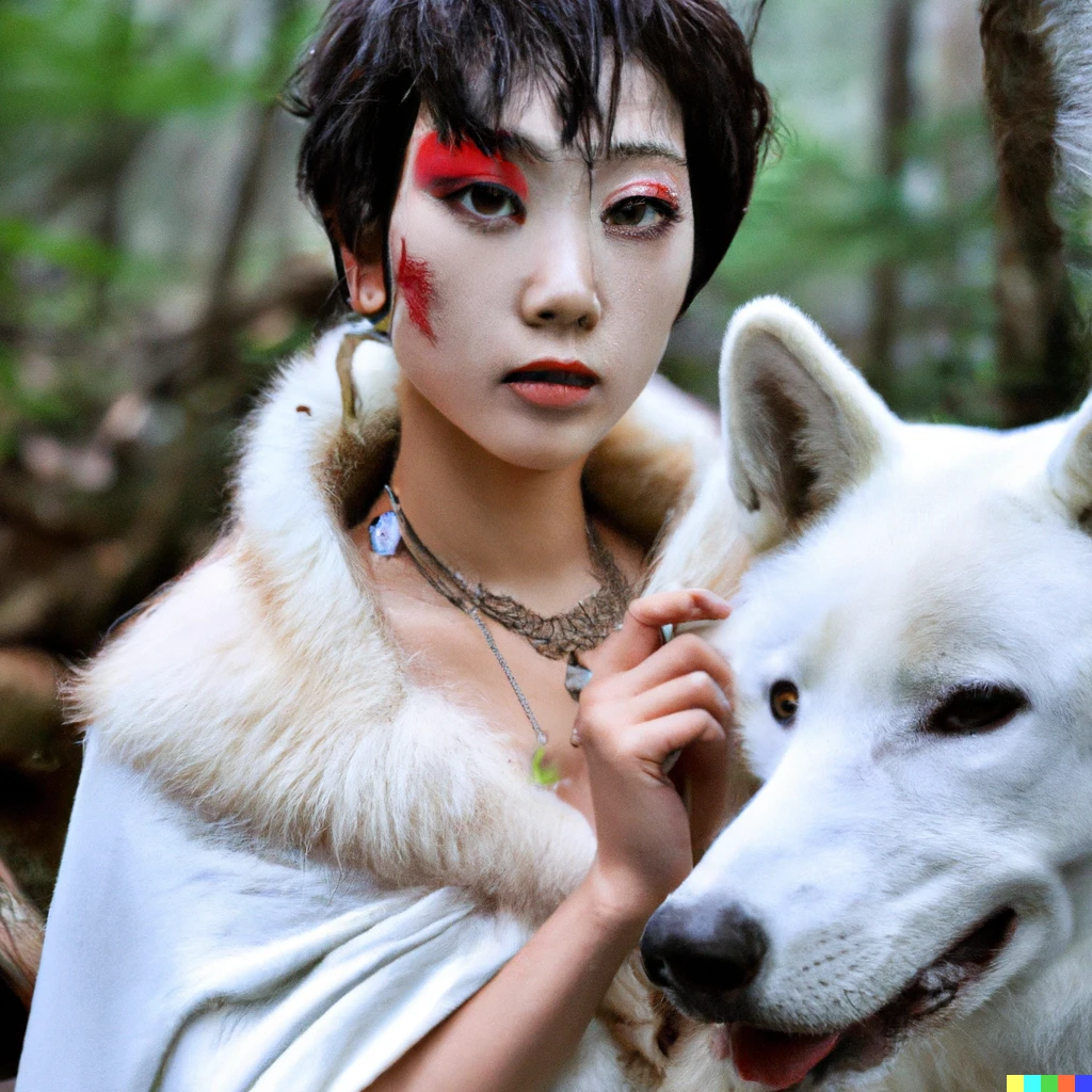 Prompt: head and shoulders portrait photo of half-Japanese Princess Mononoke, with short brown hair, a headband, red triangle face paint, a white fur cape, large white earrings, and a necklace of large claws, in the woods with a gigantic white wolf in the background