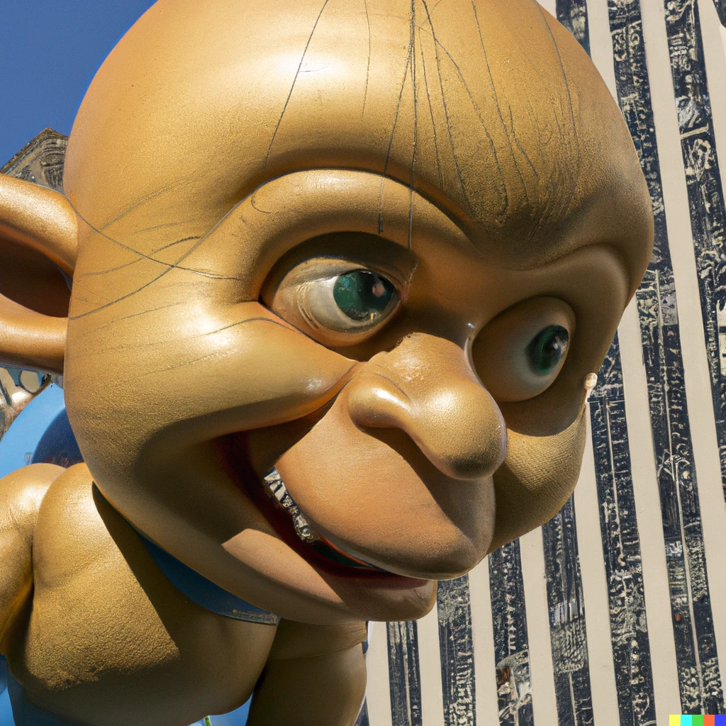 Prompt: a color photo of skyscraper-sized gollum inflated balloon float in the macy's thanksgiving day parade