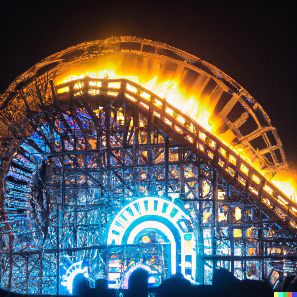 Prompt: wooden rollercoaster exhibit at burning man, covered in neon lights, on fire