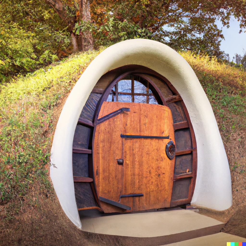 Prompt: contemporary craftsman style Hobbit dojo with a round door built into a hillside