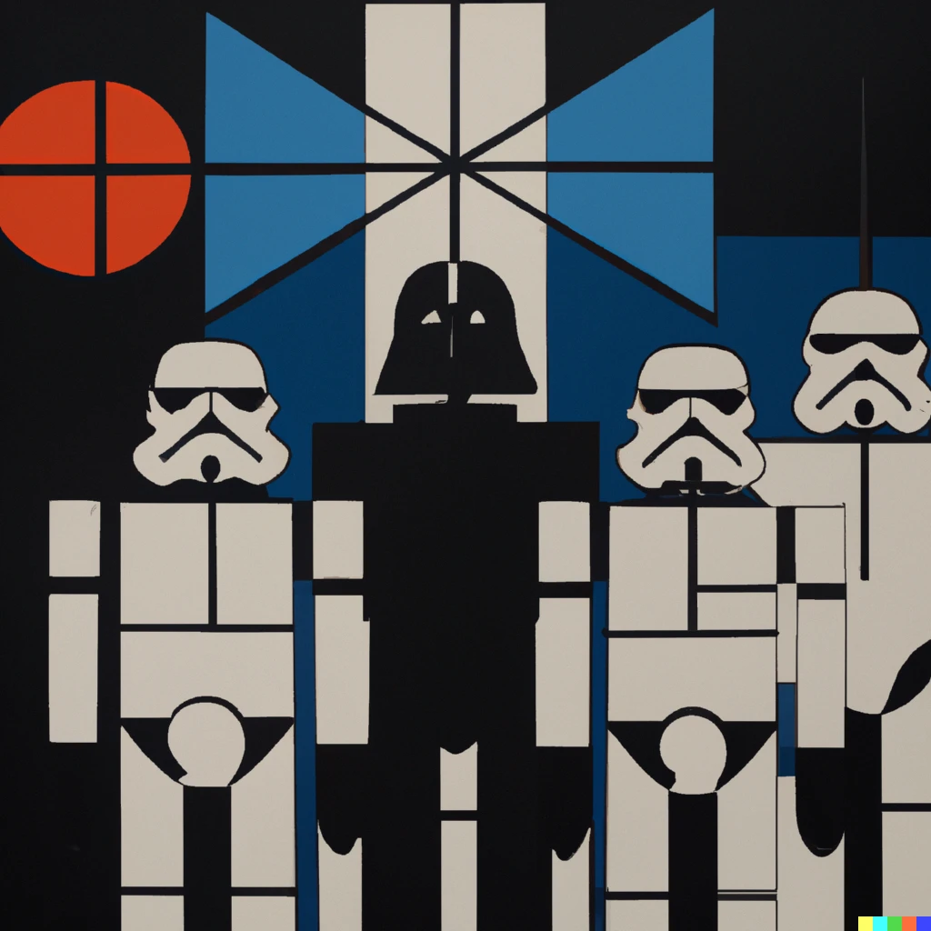 Prompt: bauhaus painting of darth vader and stormtroopers